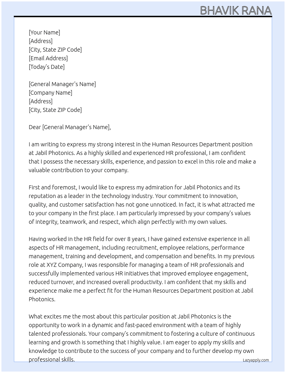 Human Resources Department  At Jabil Photonics  Cover Letter