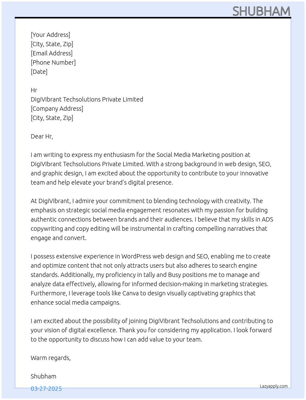 Social Media Marketing At DigiVibrant Techsolutions Private Limited Cover Letter