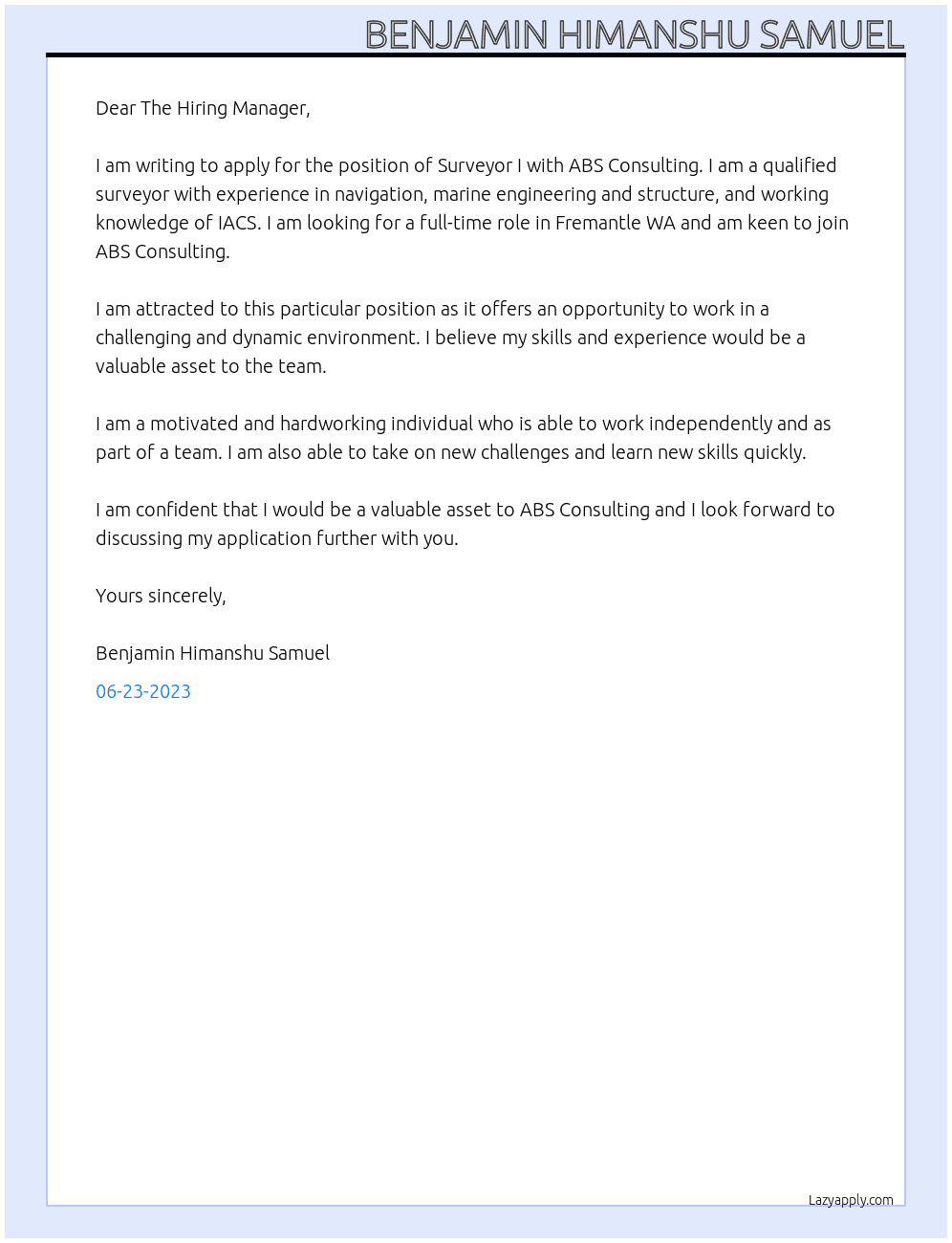 Surveyor I At ABS Consulting Cover Letter