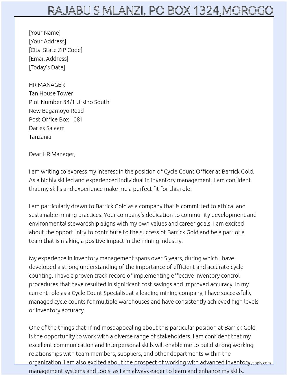CYCLE COUNT OFFICER At BARRICK GOLD,  Cover Letter