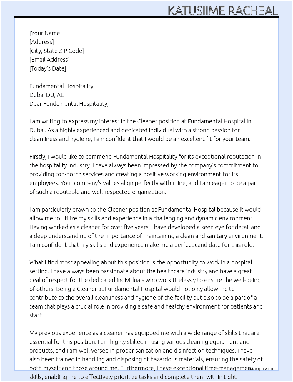 Cleaner  At Fundamental Hospital - Dubai DU, AE Cover Letter