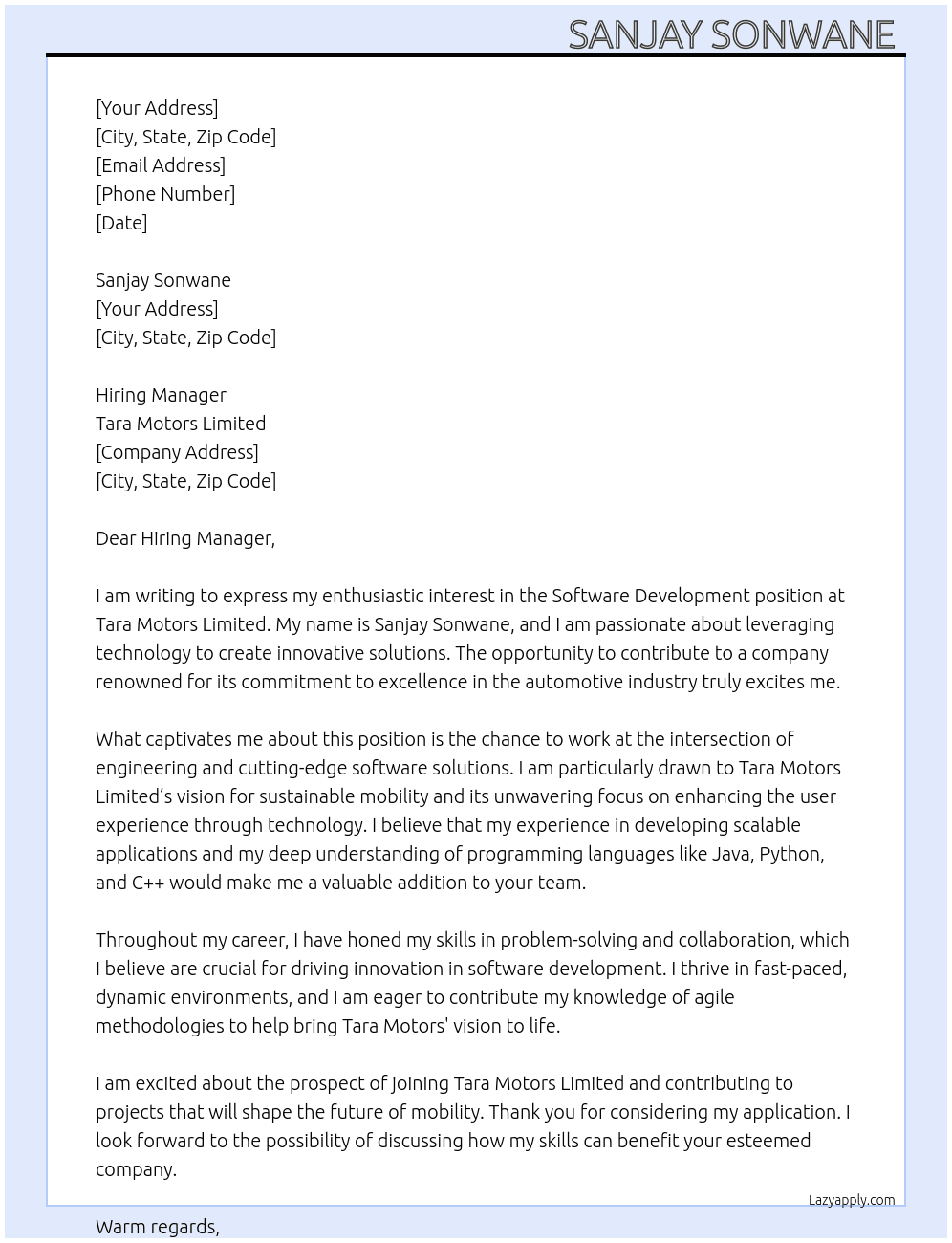 Software development At Tara motors limited  Cover Letter
