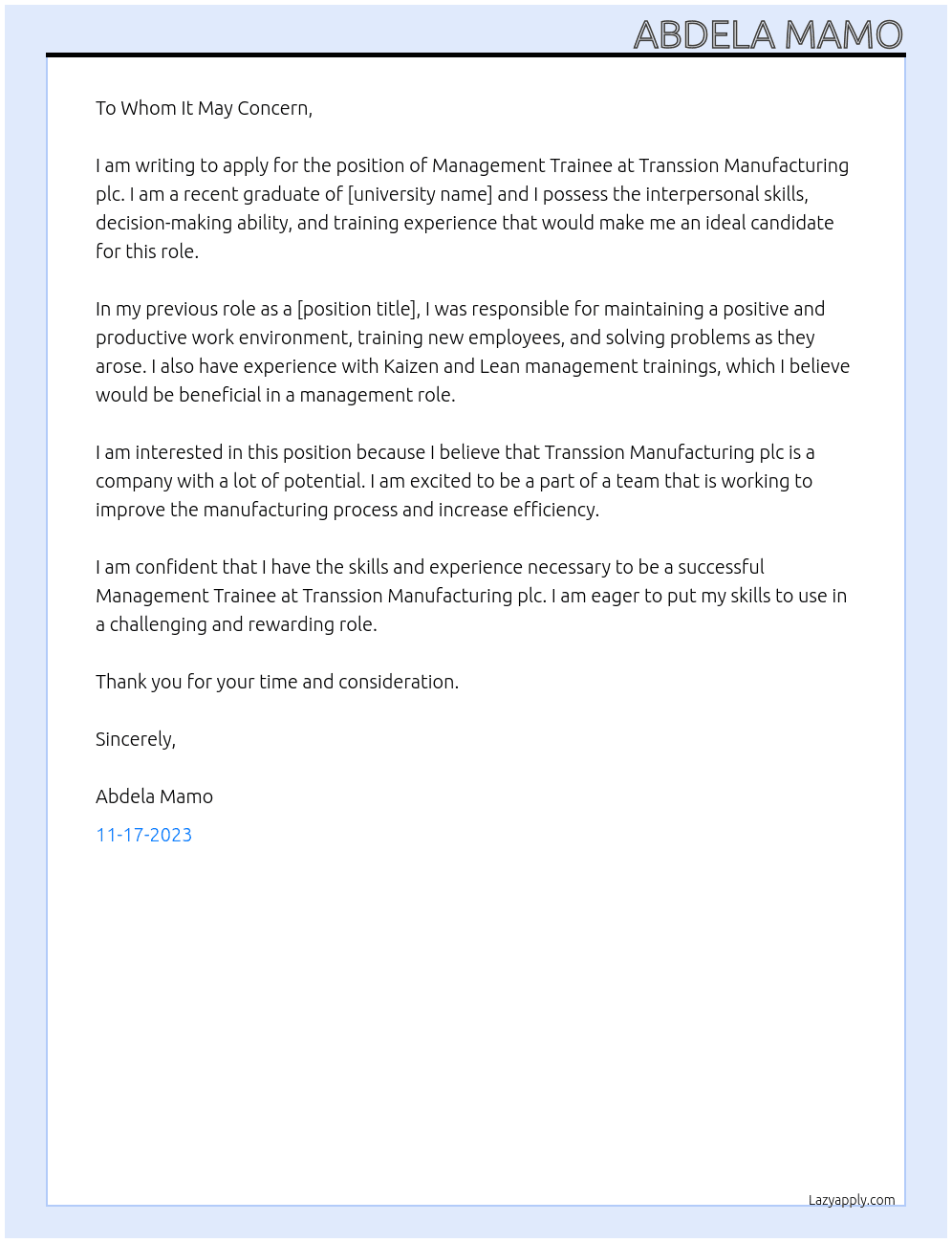 Management trainee At Transsion manufacturing plc Cover Letter