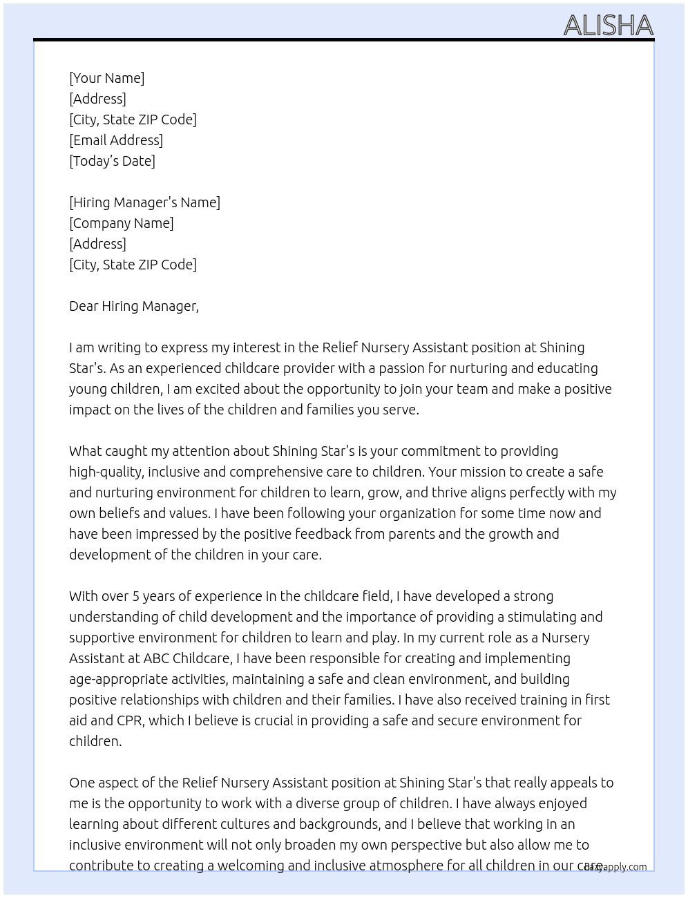 Relief Nursery Assistant At Shining Star's Cover Letter