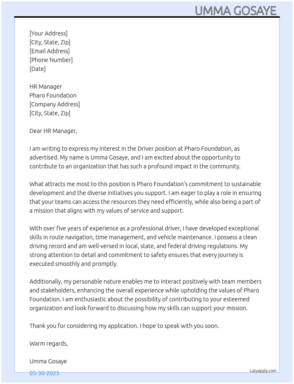 Driver  At pharo foundation  Cover Letter
