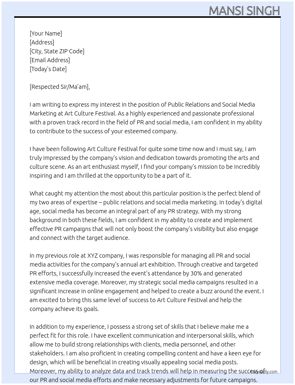 Public Relations and social media marketing At Art culture festival Cover Letter
