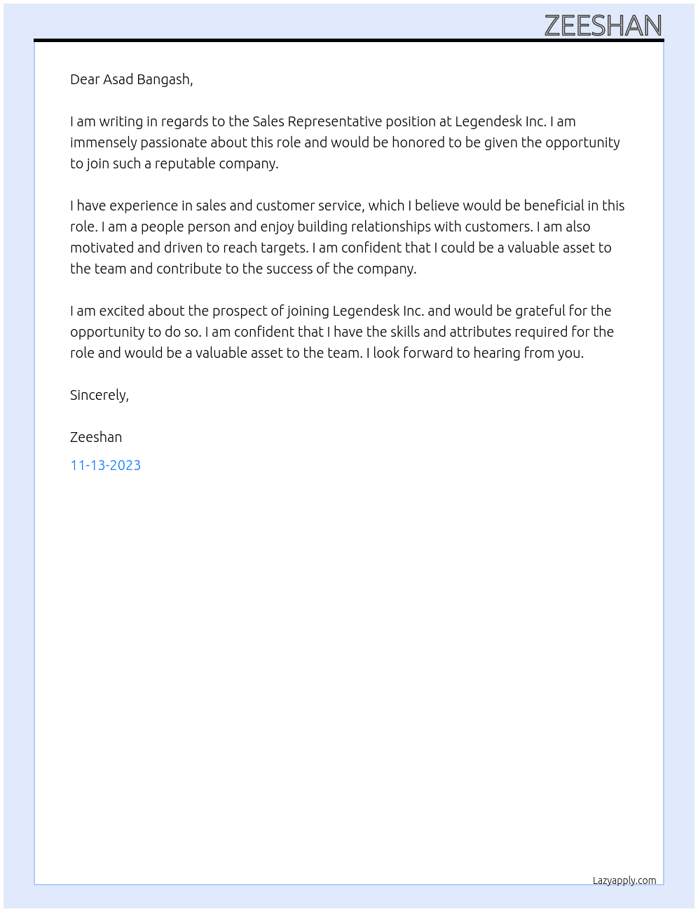 Sales Representative At LEGENDESK INC. Cover Letter