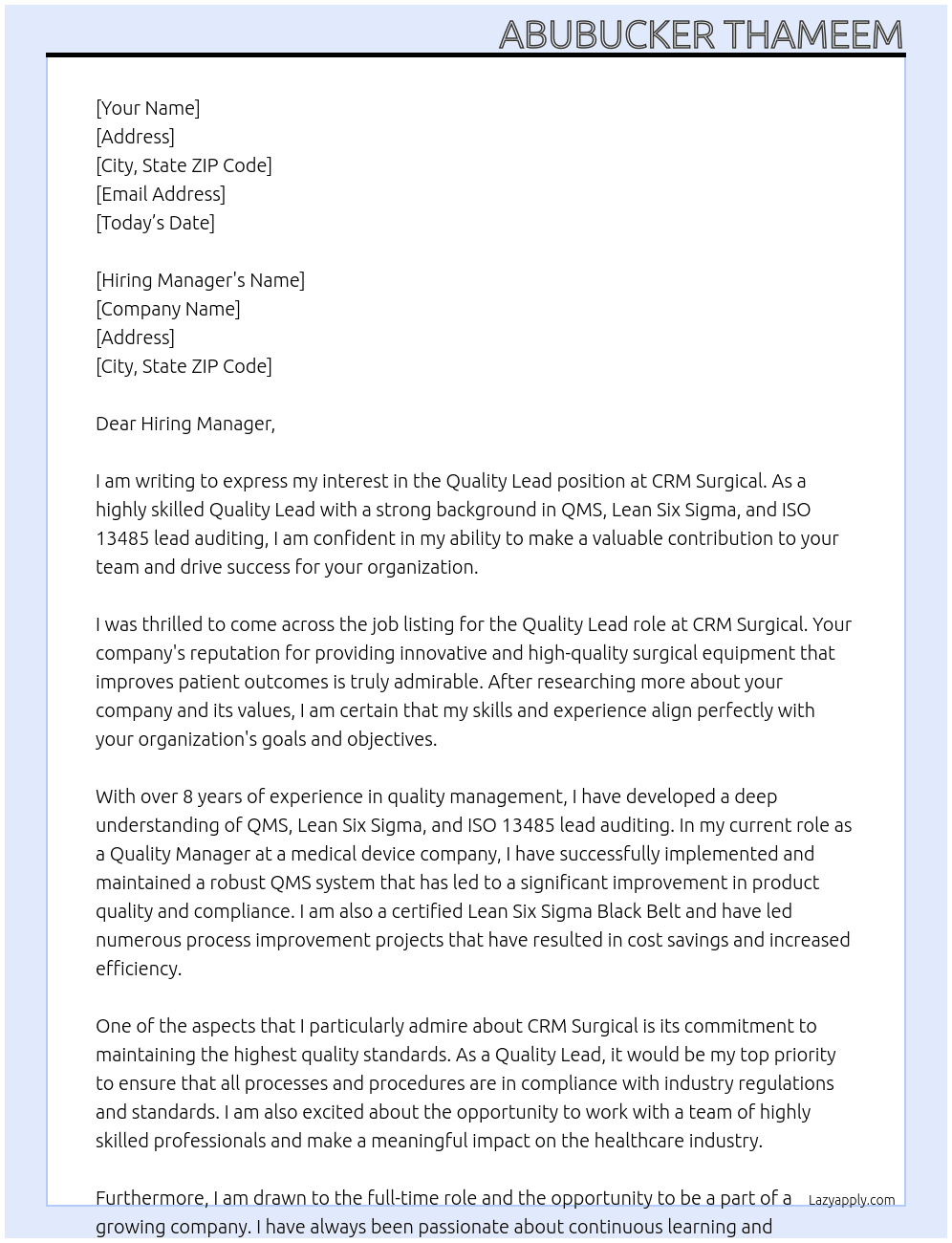Quality Lead At CRM surgical Cover Letter