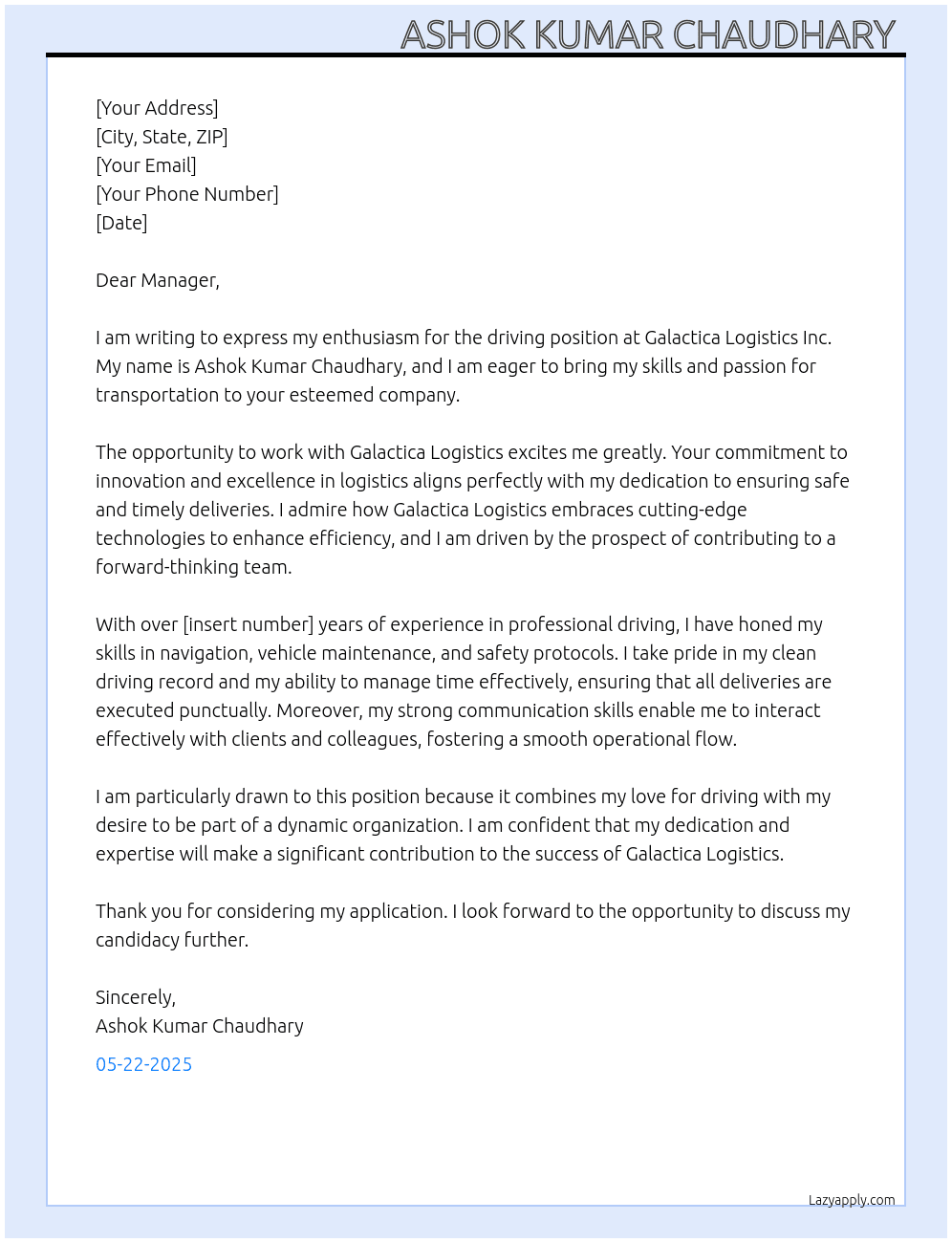 Driving  At Galactica logistics inc Cover Letter