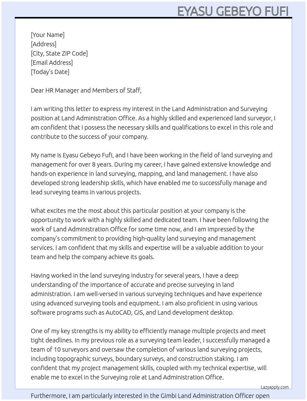 Land administration and surveying  At Land administration office  Cover Letter