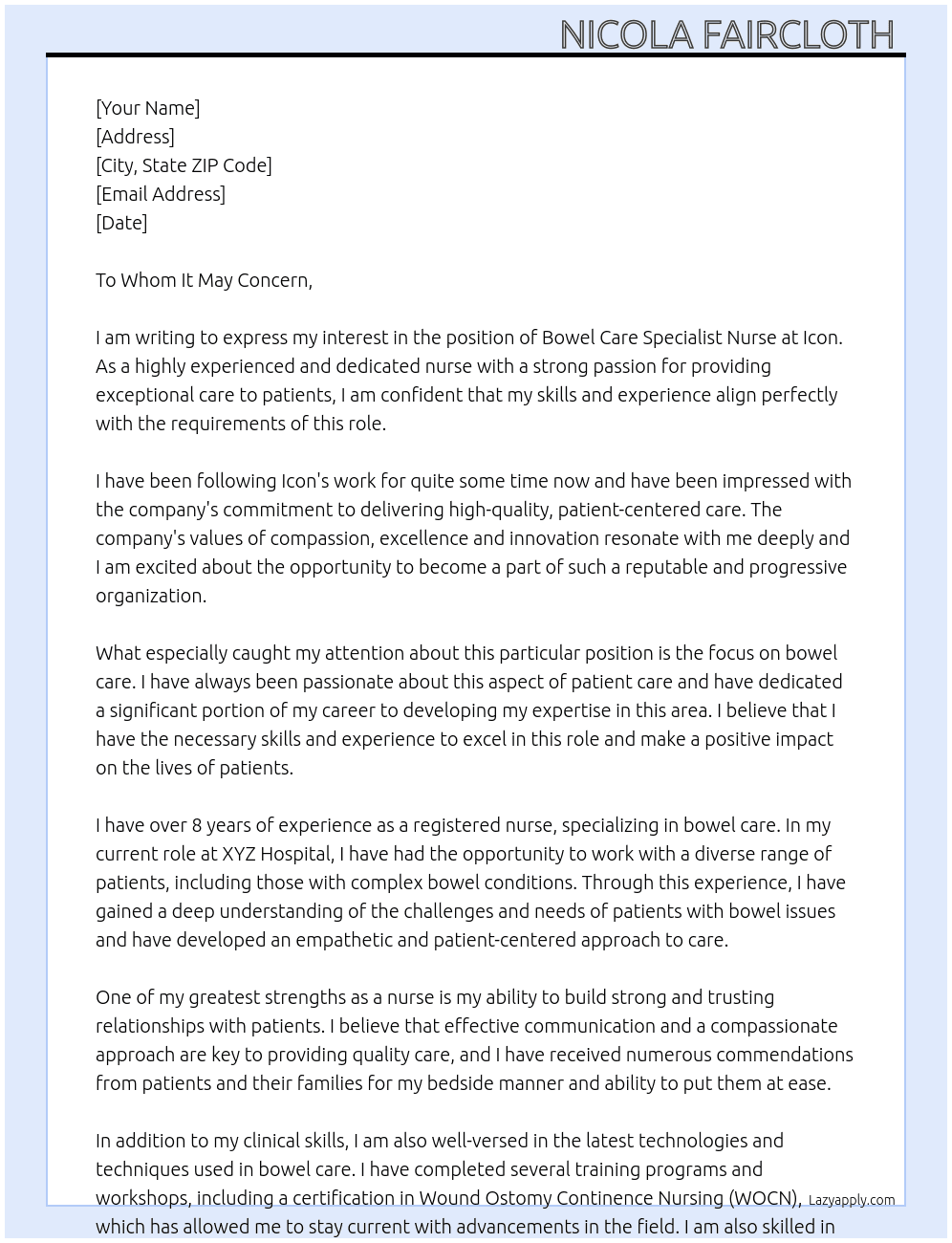 Bowel Care Specialist Nurse At Icon  Cover Letter