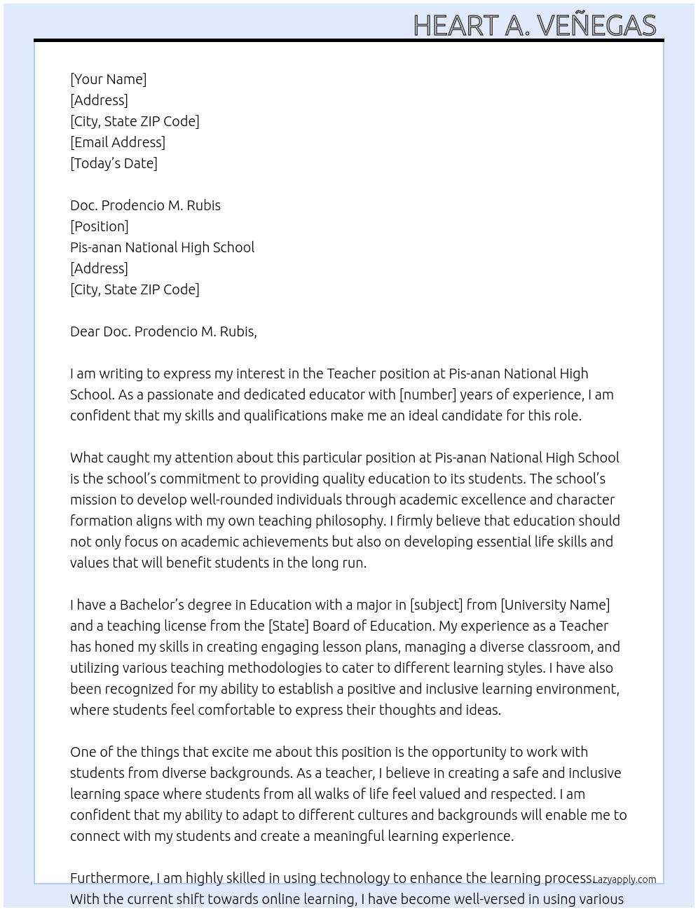 Teacher  At Pis-anan National High School  Cover Letter