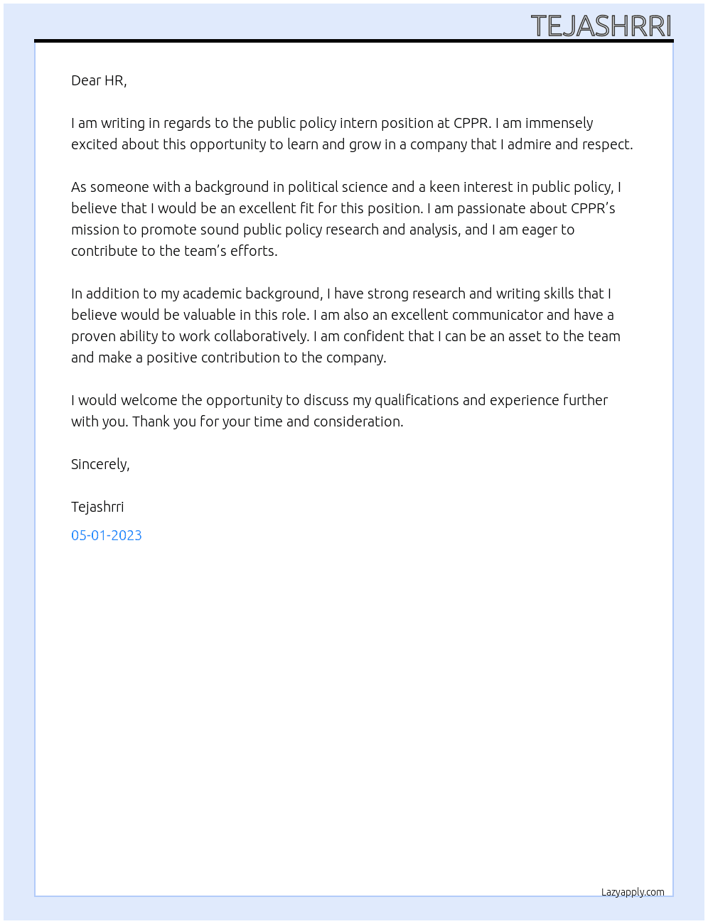 Public policy intern At CPPR Cover Letter