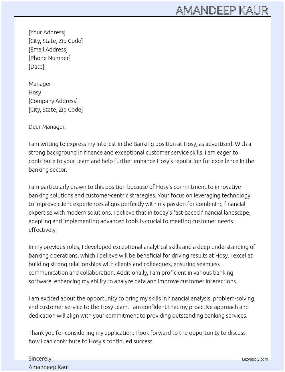 Banking  At Hosy Cover Letter