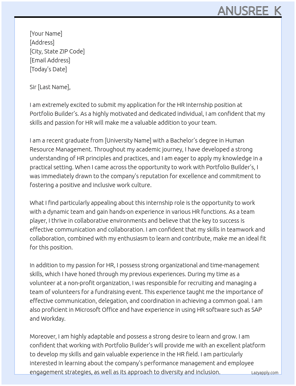 Hr Internship  At Portfolio Builder's  Cover Letter