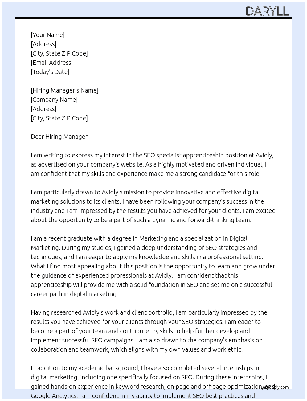 SEO specialist apprenticesh At Avidly Cover Letter