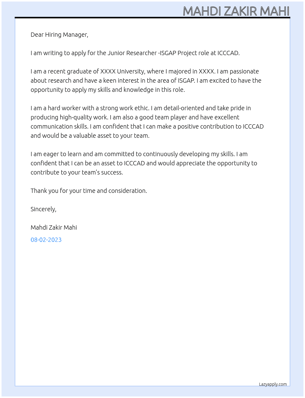 Junior Researcher -ISGAP Project At ICCCAD  Cover Letter