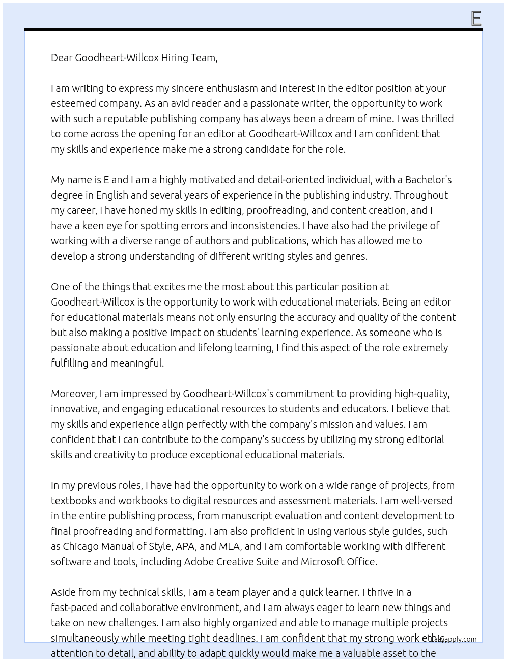 editor At Goodheart-Willcox Cover Letter