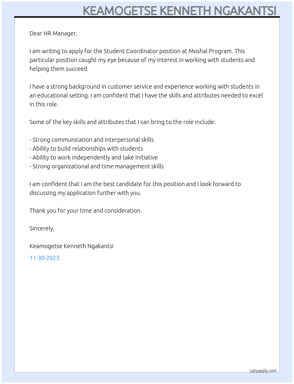 Student Coordinator  At Moshal Program  Cover Letter