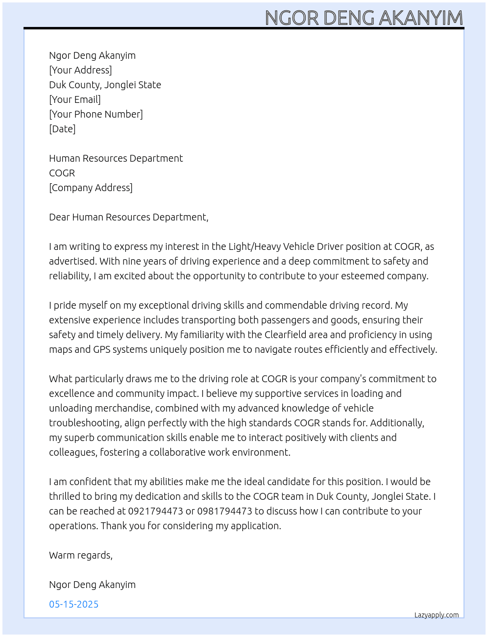 Light/Heavy Vehicle Driver At COGR Cover Letter