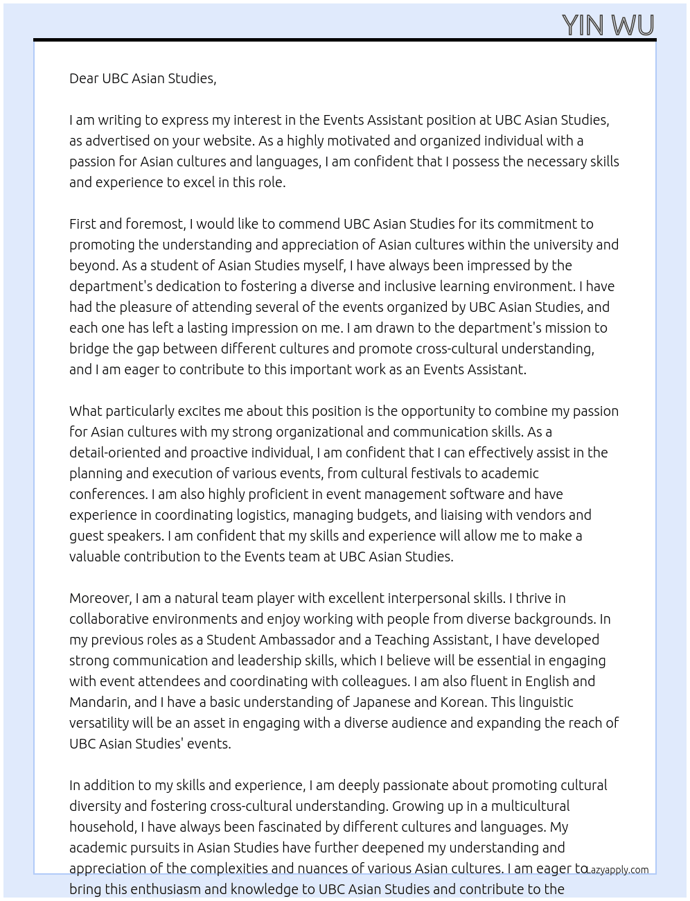 Events Assistant At UBC Asian Studies Cover Letter