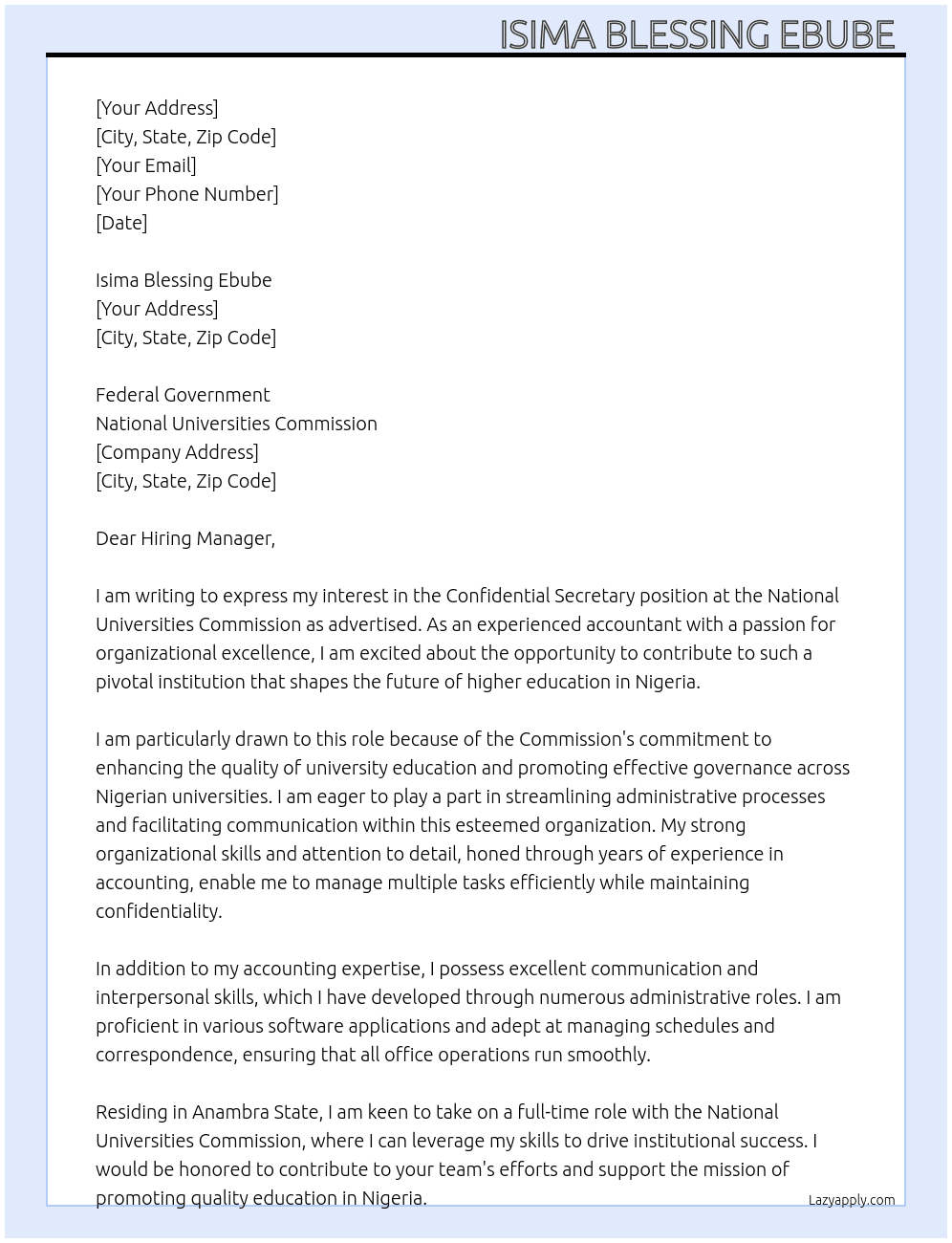 Confidential Secretary  At National universities commission  Cover Letter