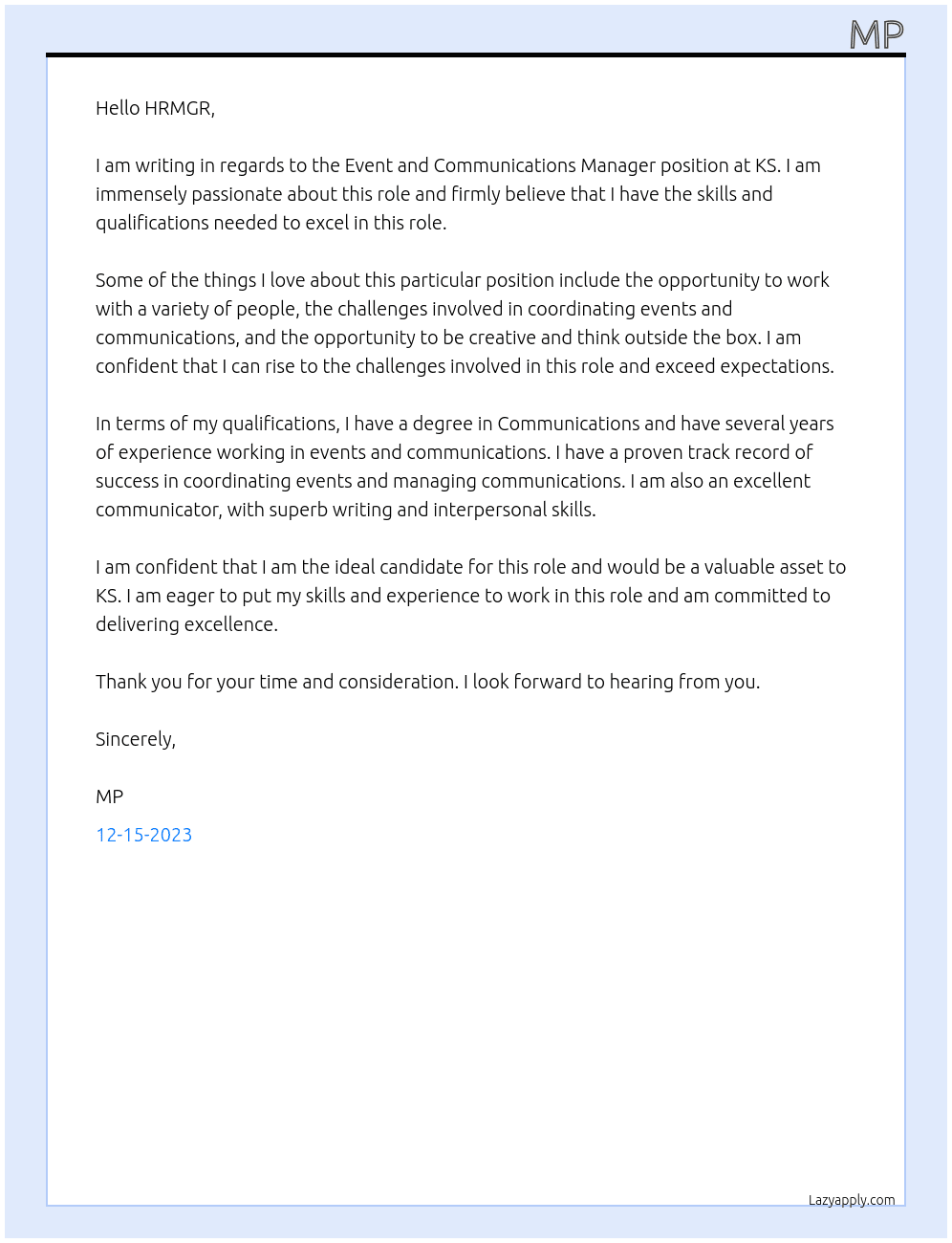 Event and Communications Manager At KS Cover Letter