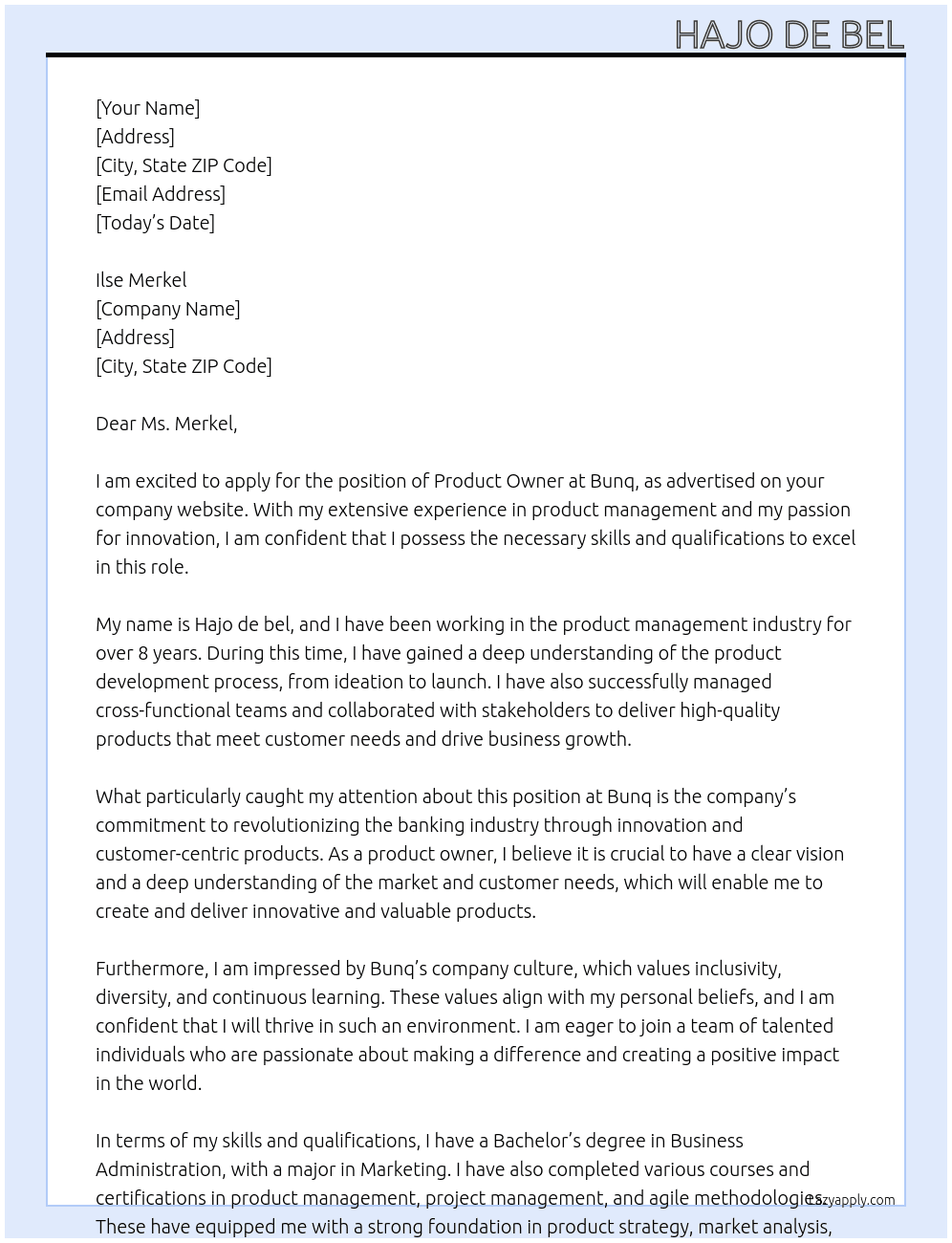 Product Owner At Bunq Cover Letter