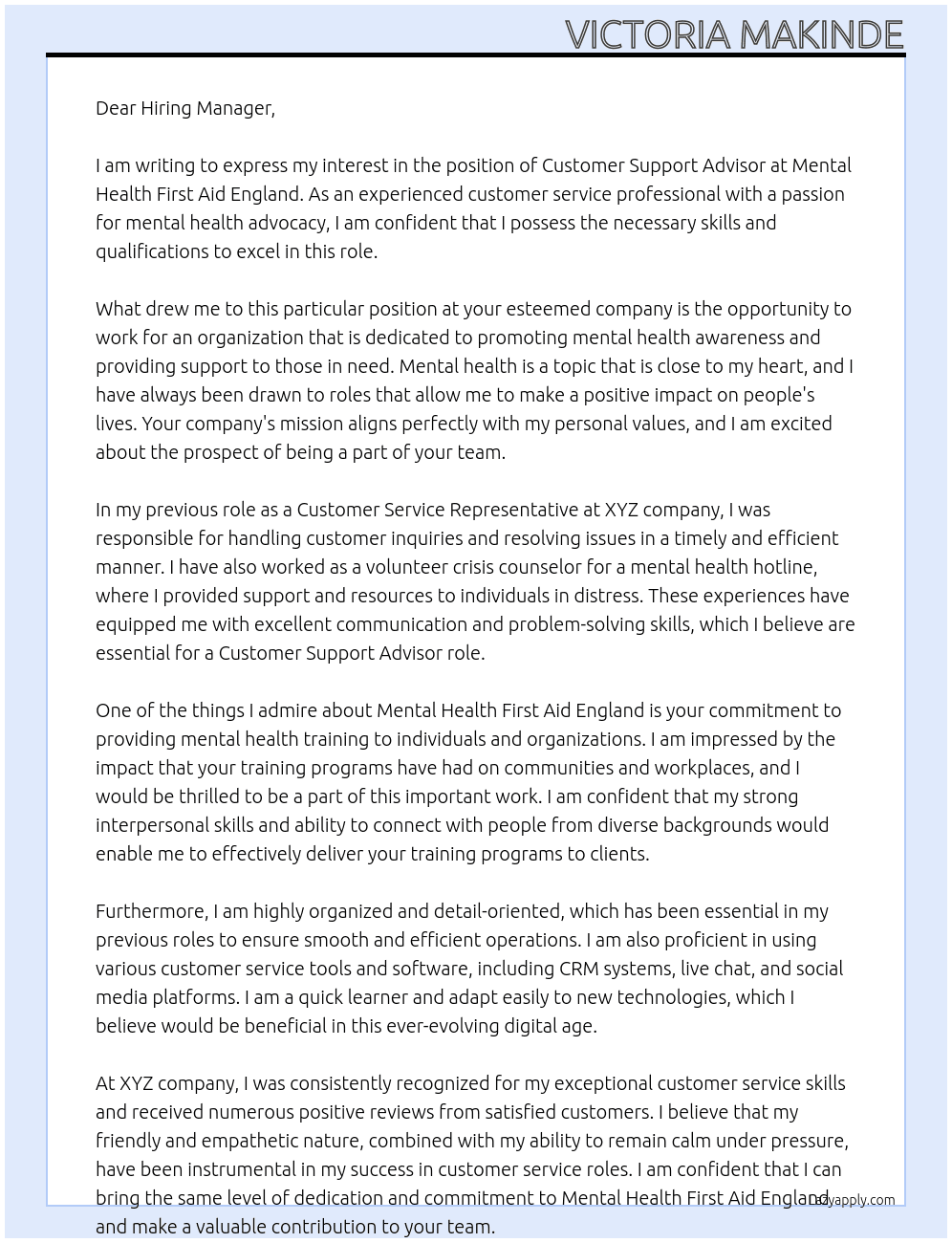 Customer Support Advisor At Mental health first aid england Cover Letter