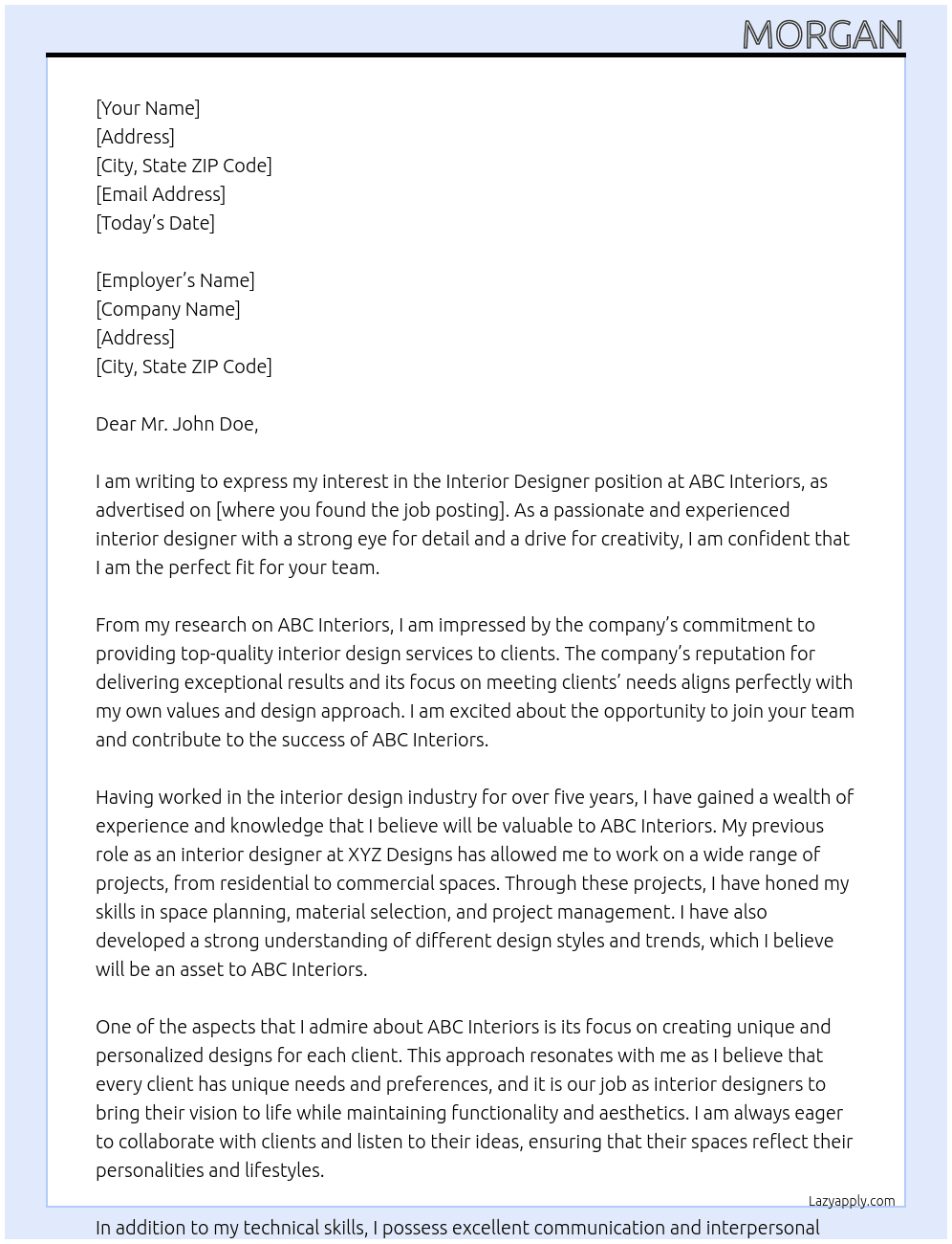 interior designer At ABC Interiors Cover Letter