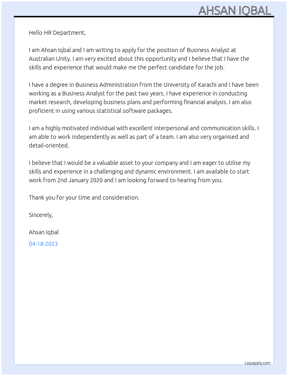 Business Analyst At Australian Unity Cover Letter
