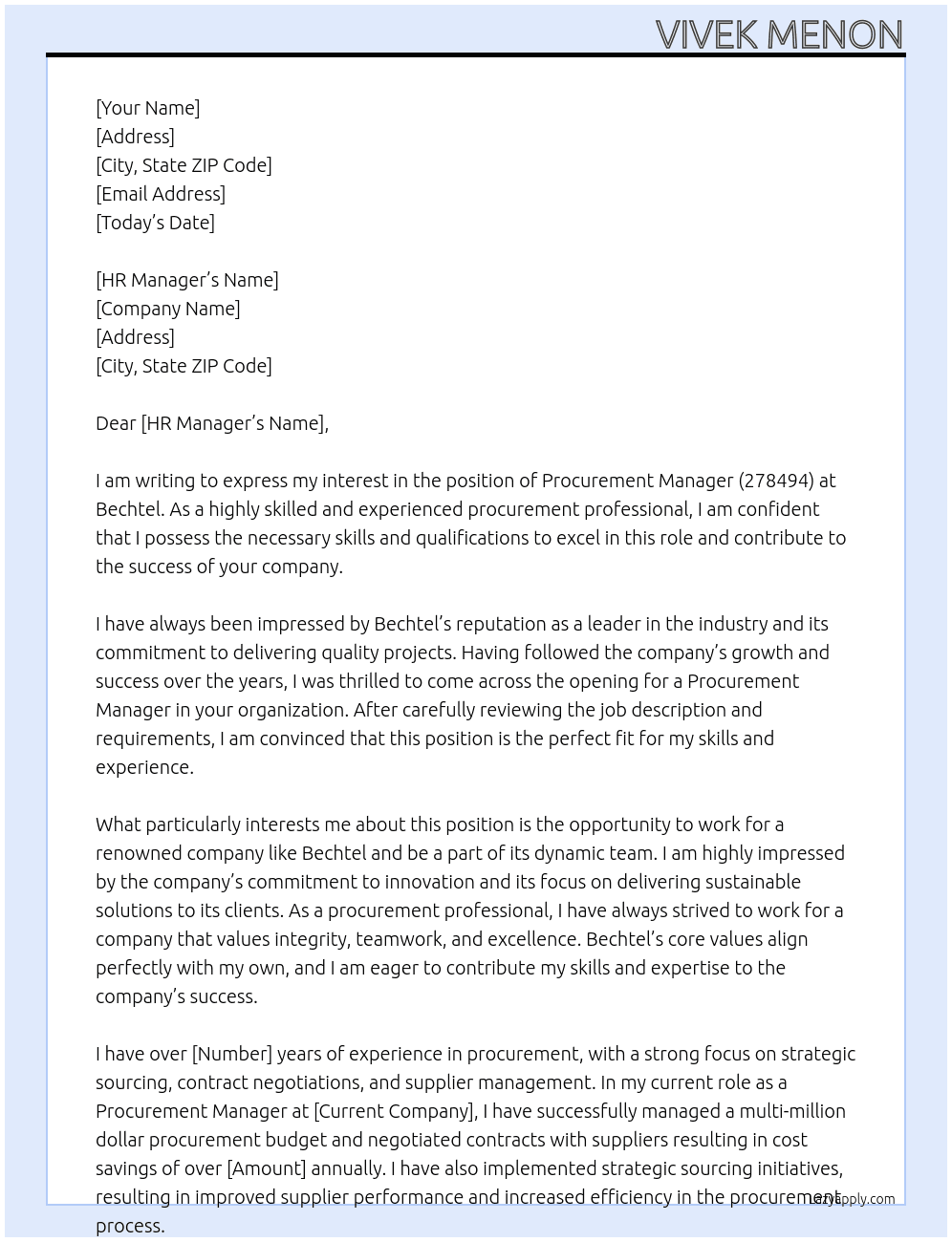 Procurement Manager (278494) At Bechtel Cover Letter