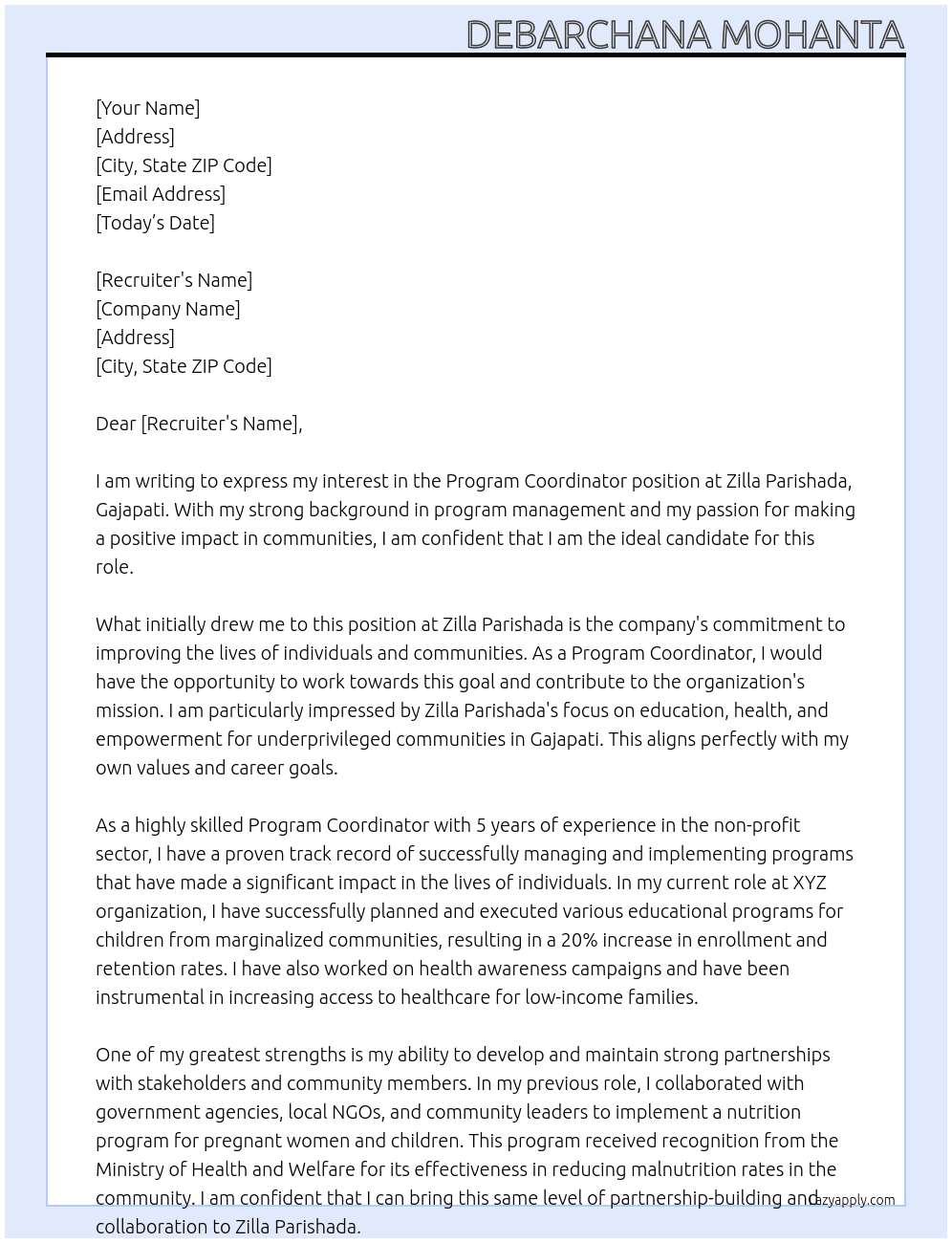 Program coordinator  At Zilla parishada, Gajapati Cover Letter