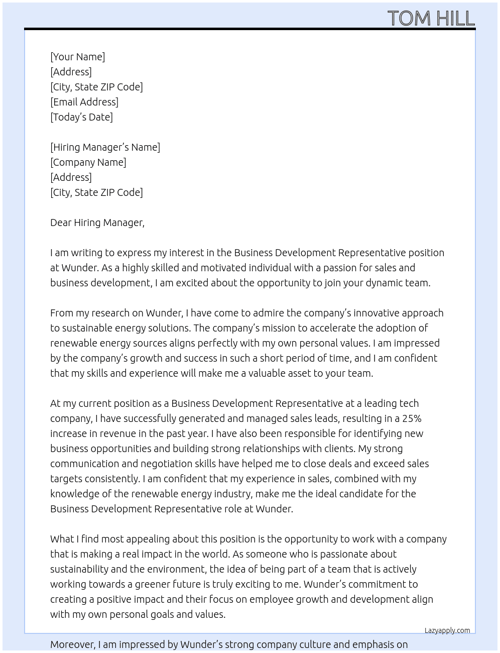 Business Development Representative At Wunder Cover Letter