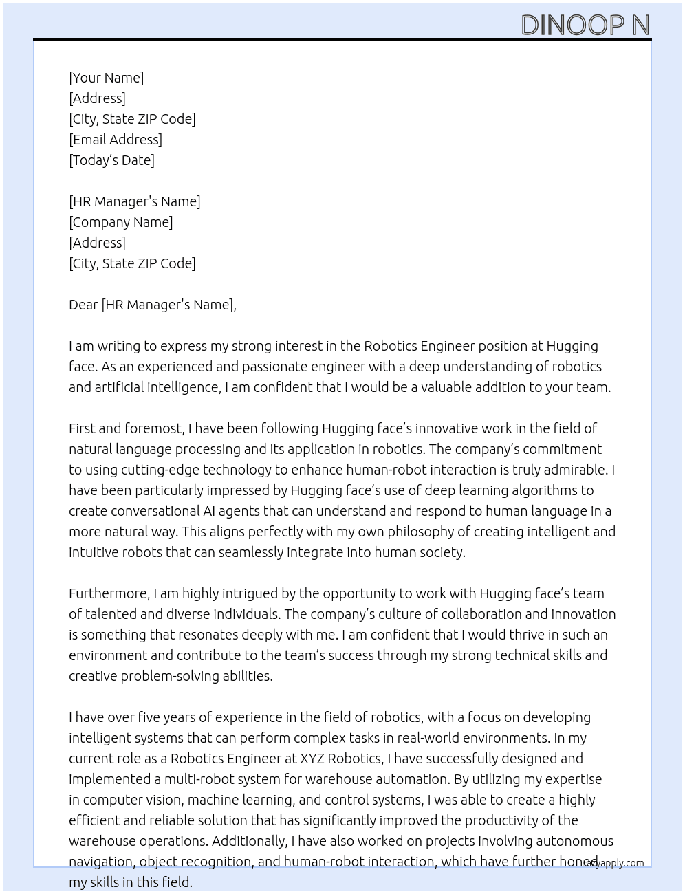 Robotics engineer At Hugging face Cover Letter