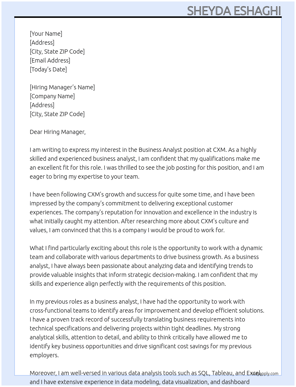 business analyst At CXM Cover Letter