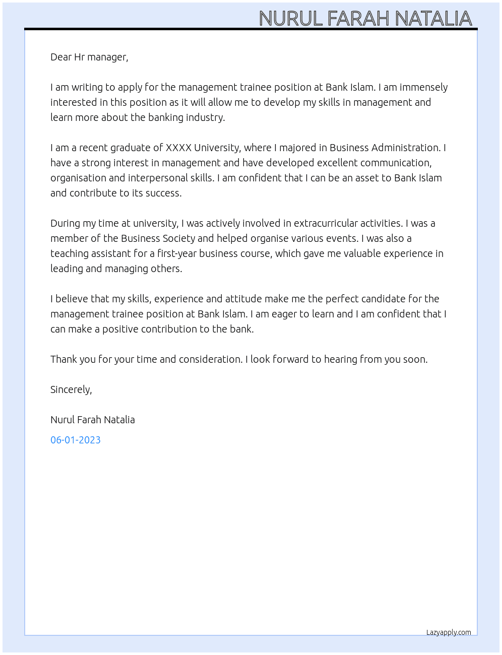 management trainee At Bank Islam Cover Letter