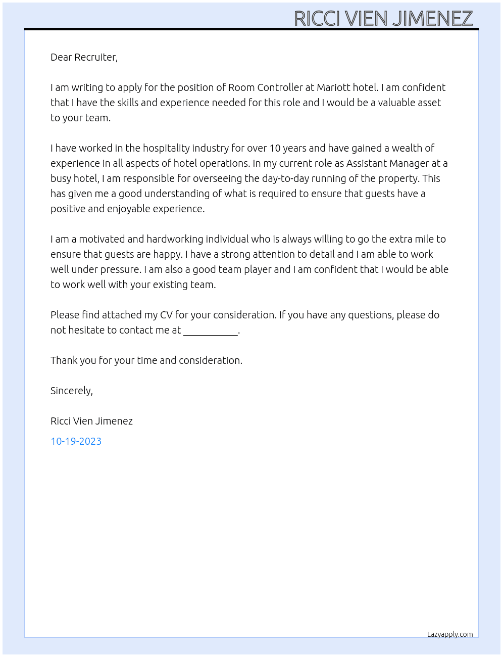 Room controller  At Mariott hotel  Cover Letter