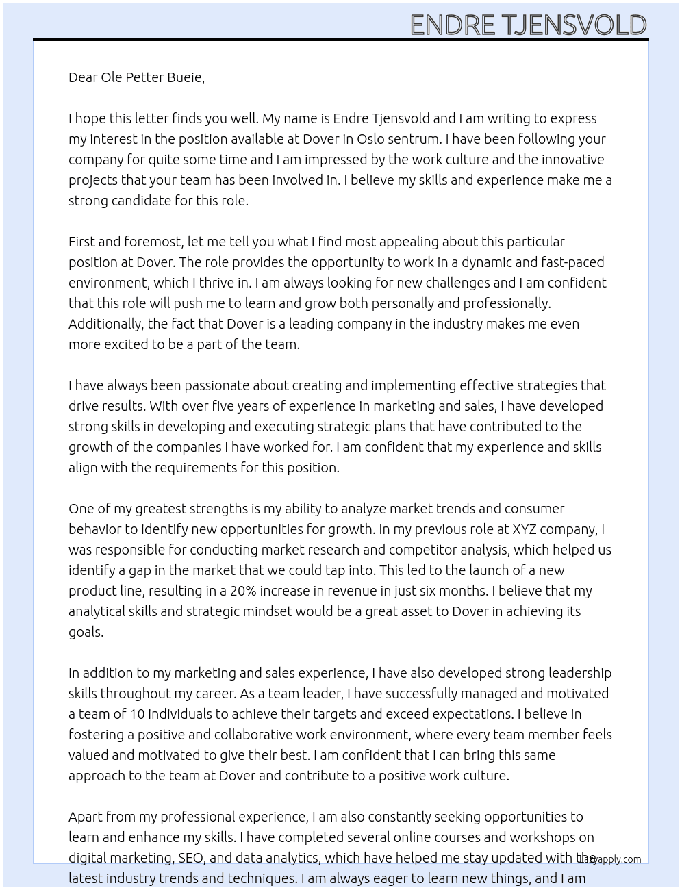 Oslo sentrum  At Dover Cover Letter