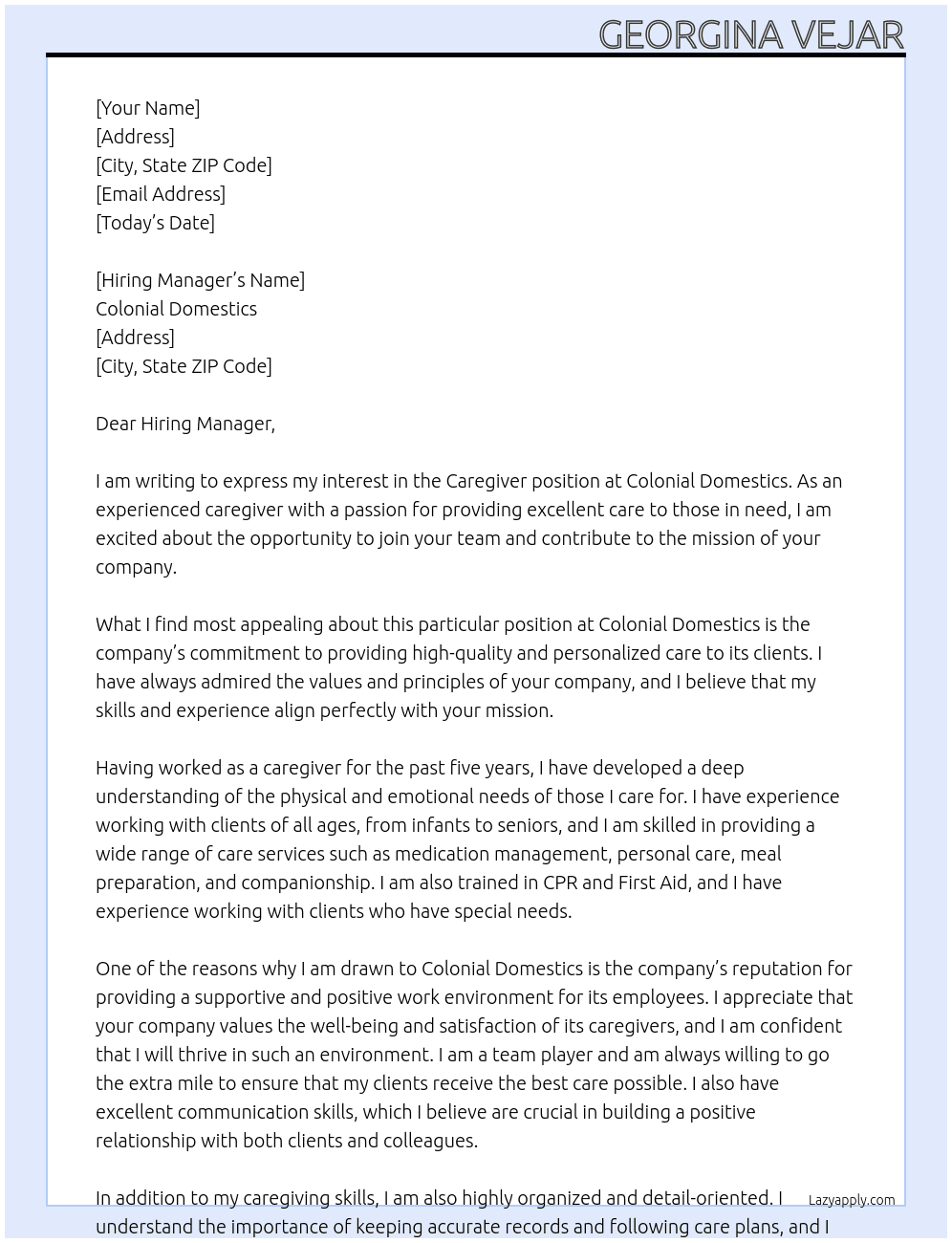 Caregiver At Colonial Domestics Cover Letter