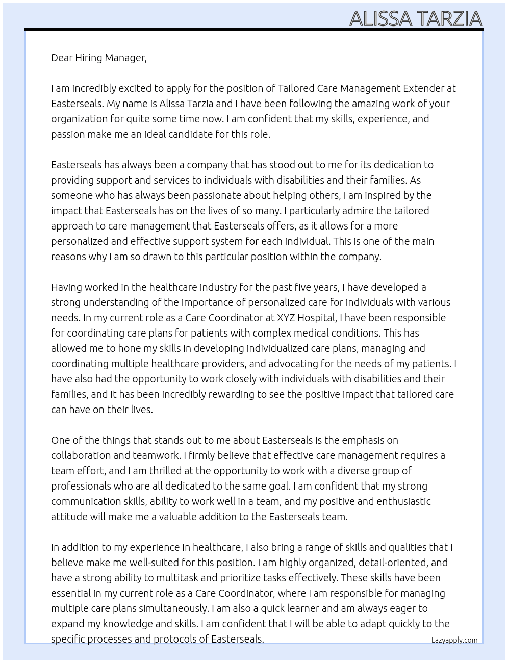 Tailored Care Management Extender At Easterseals Cover Letter