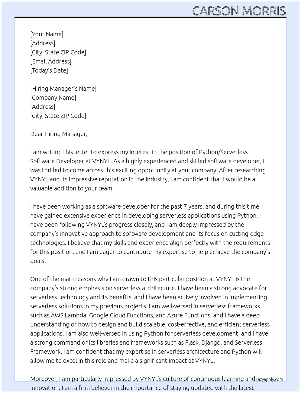 Python/Serverless Software Developer At VYNYL Cover Letter