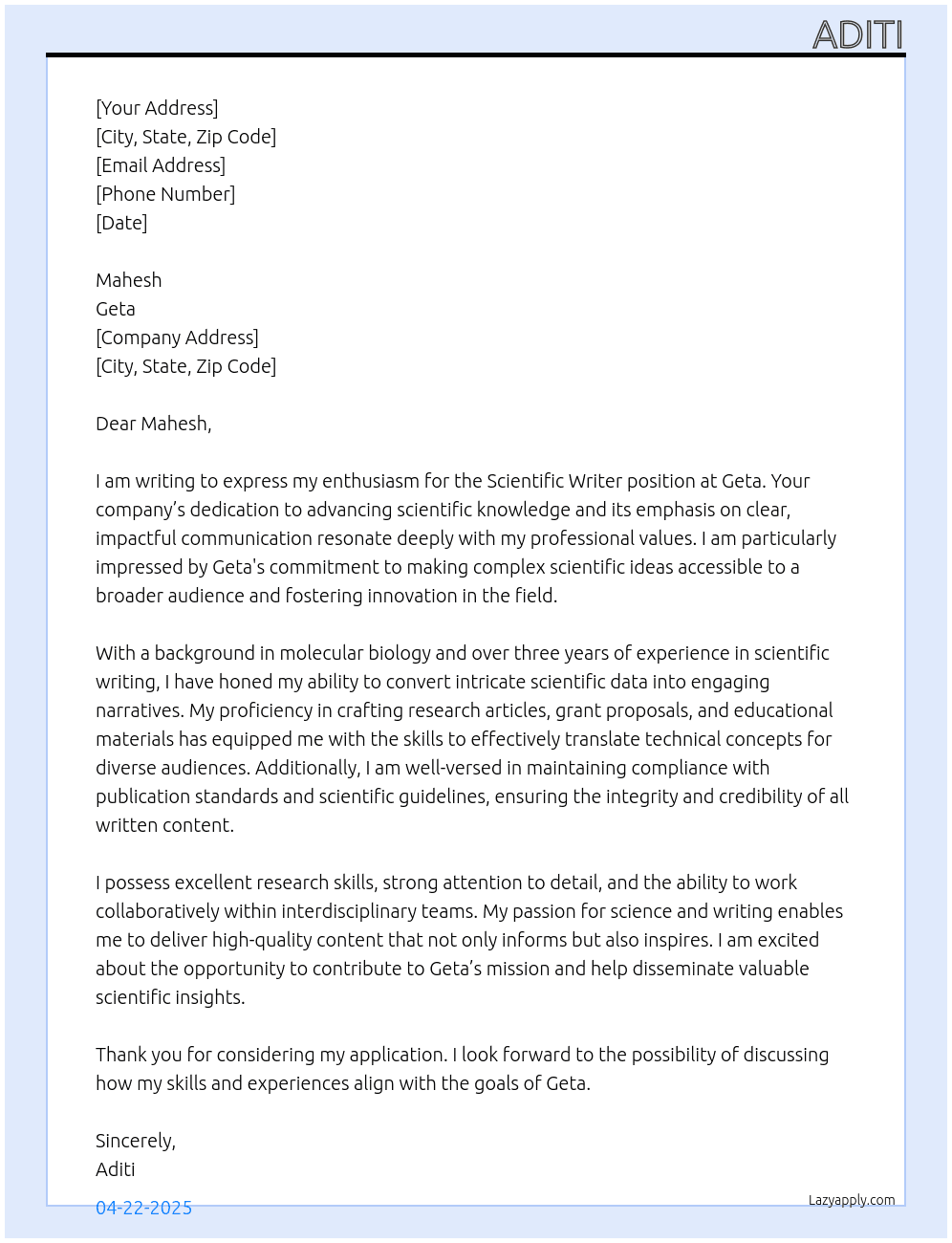 Scientific Writer At Geta Cover Letter