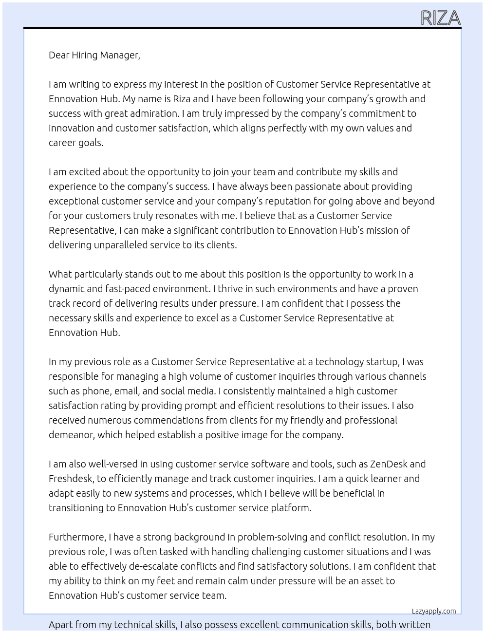 Customer Service Representative  At Ennovation Hub Cover Letter