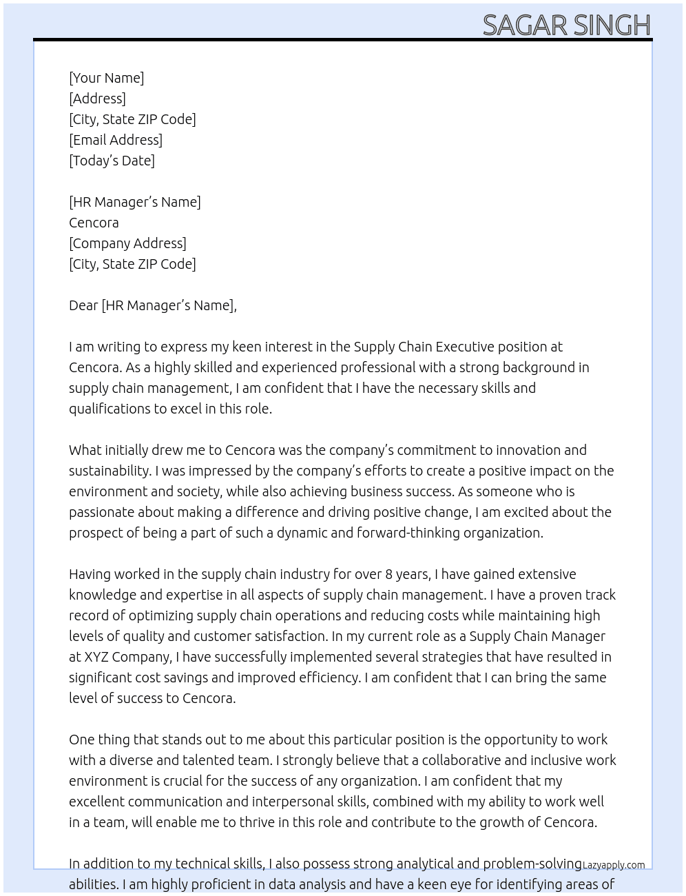 Supply Chain Executive At Cencora Cover Letter