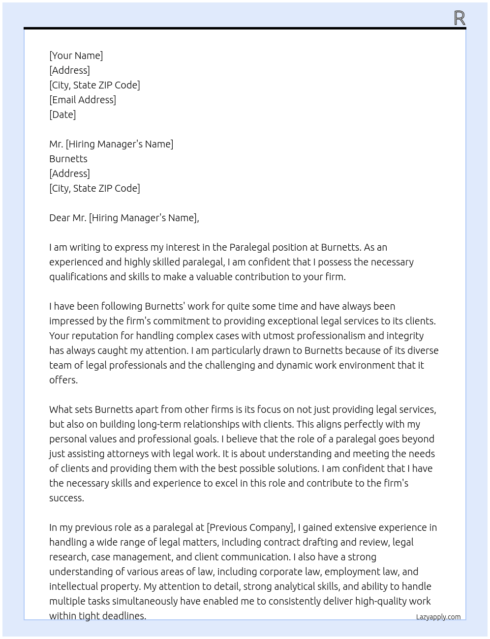 paralegal At Burnetts Cover Letter