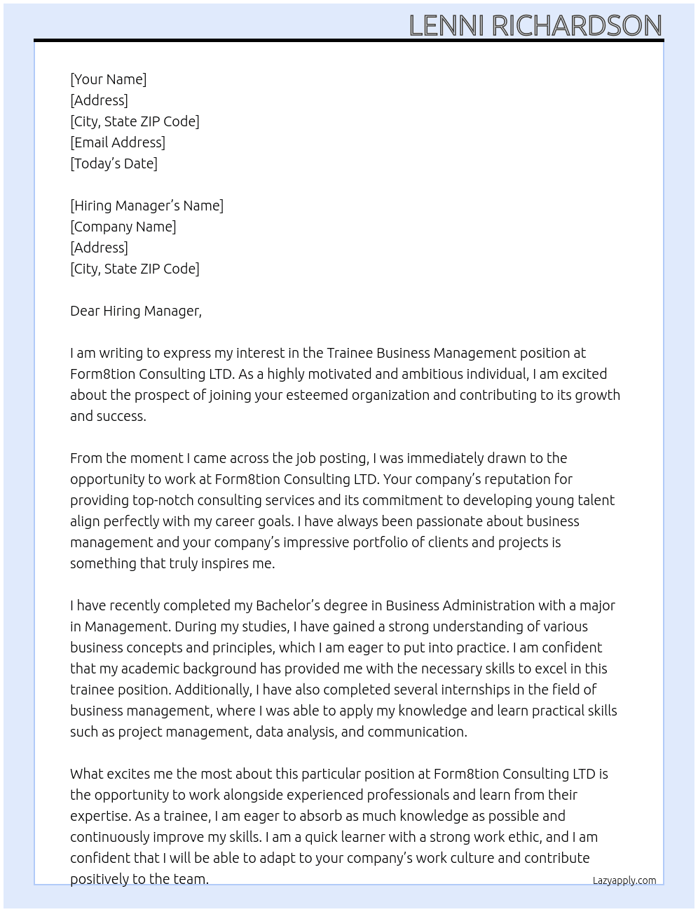 Trainee business management At Form8tion Consulting LTD Cover Letter