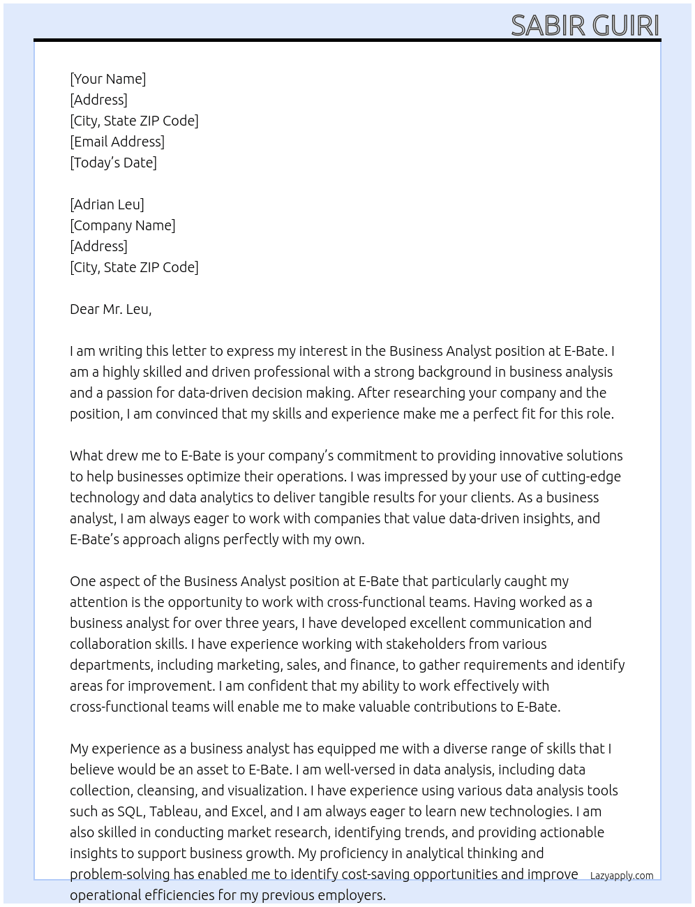 Business Analyst At E-Bate Cover Letter