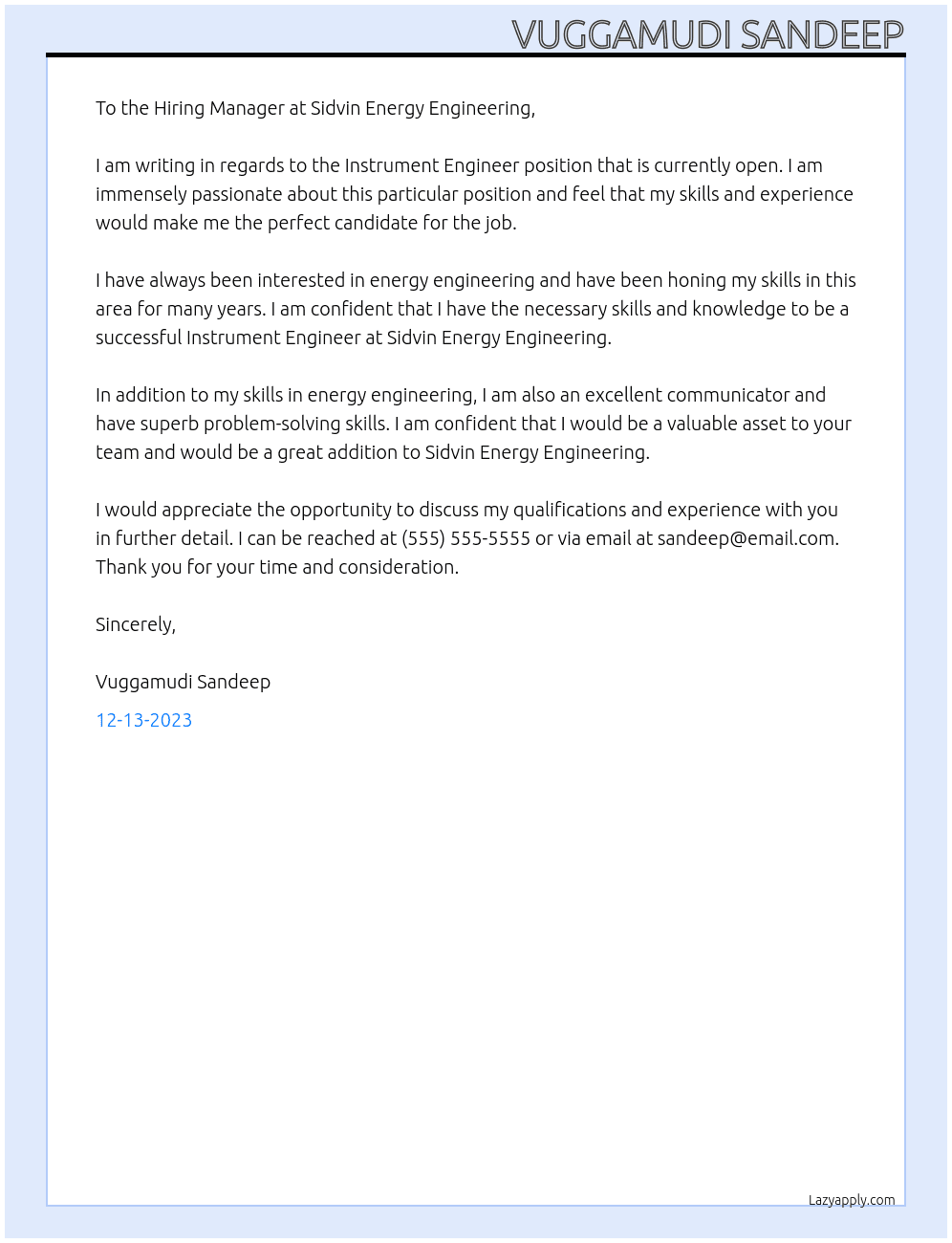 Instrument engineer At Sidvin energy engineering  Cover Letter