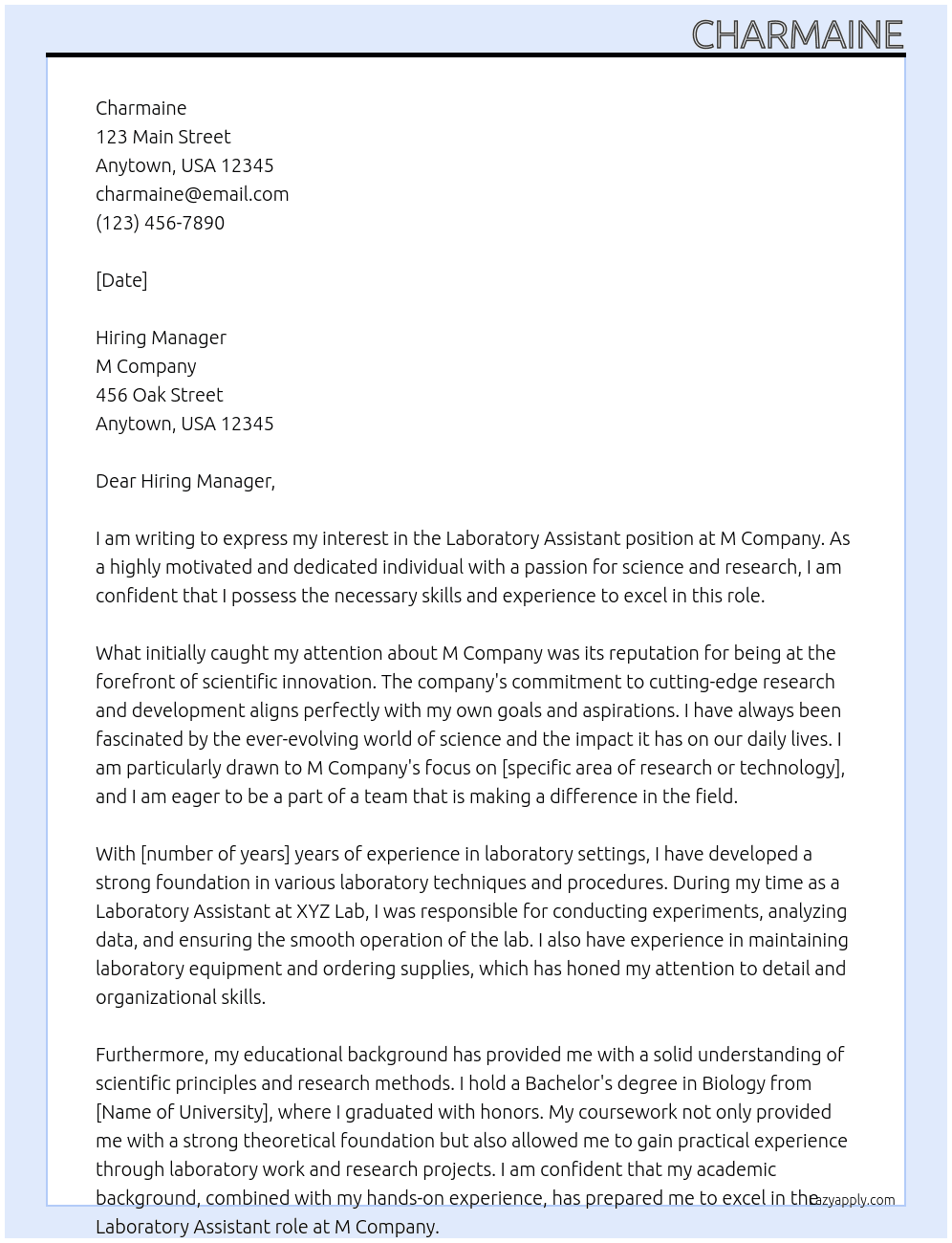 Laboratory Assistant At M Cover Letter